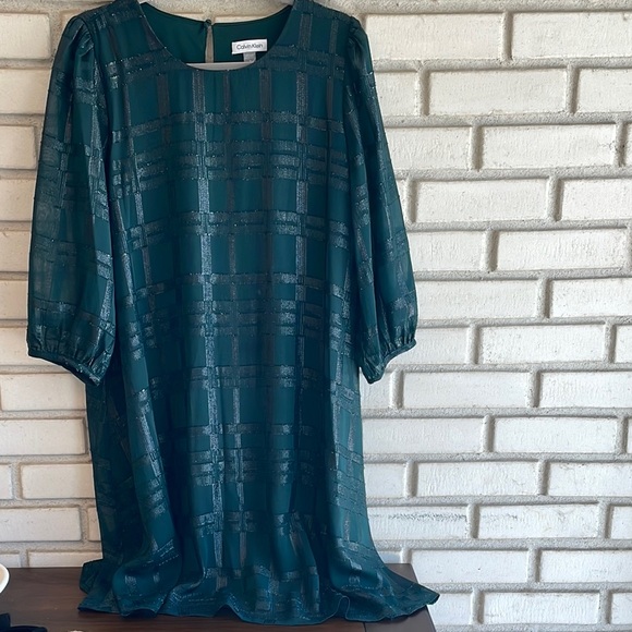 Calvin Klein Green Plaid Dress 3/4 sleeve jewel neck - Picture 3 of 7